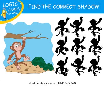 Find the correct shadow the cute cartoon Monkey on colorful background. Educational matching game for children with fun character. Logic Games for Kids with answer. Learnig card for child kindergarten