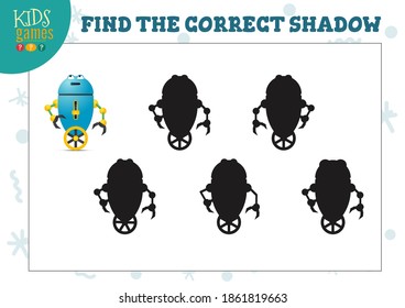 Encuentra la sombra correcta para un lindo juego de niños en edad preescolar humanoide con dibujos animados. Ilustración vectorial con 5 siluetas para el rompecabezas de coincidencia de sombras