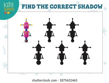 Finden Sie den richtigen Schatten für süße Cartoon Roboter Ausbildung Kinder Mini-Spiel. Vektorgrafik mit 5 Silhouetten für Schattenkongruenz