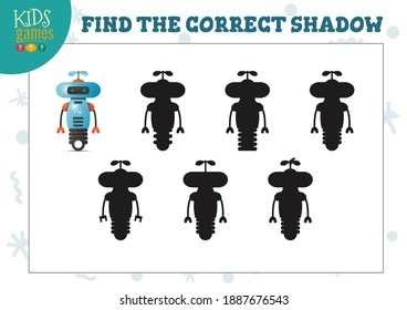 Find the correct shadow for cute cartoon humanoid robot educational preschool kids mini game. Vector illustration with 6 silhouettes for shadow matching puzzle