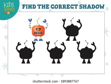 Finden Sie den richtigen Schatten für süße Cartoon Roboter Ausbildung Kinder Mini-Spiel. Vektorgrafik mit 4 Silhouetten für die Schattenanpassung