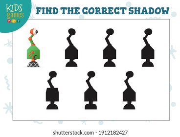 Find the correct shadow for cute cartoon robot educational preschool kids mini game. Vector illustration with 6 silhouettes for shadow matching quiz