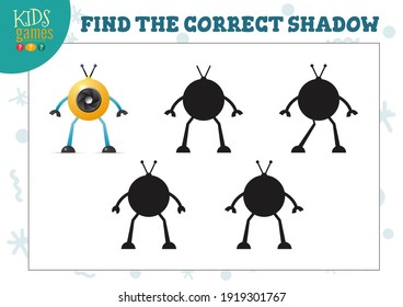 Encuentra la sombra correcta para un lindo robot de dibujos animados, un mini juego educativo para niños en edad preescolar. Ilustración de vectores con 6 siluetas para la prueba de correspondencias de sombras