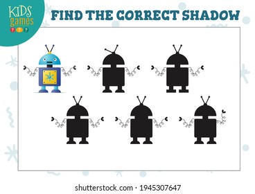 Encuentra la sombra correcta para un lindo robot de dibujos animados, un mini juego educativo para niños en edad preescolar. Ilustración vectorial con 5 siluetas para el ejercicio de correspondencias de sombras