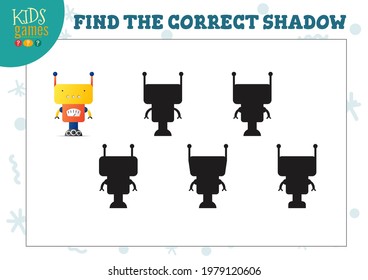 Find the correct shadow for cute cartoon humanoid robot educational preschool kids mini game. Vector illustration with 5 silhouettes for shadow matching puzzle