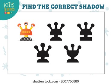 Find the correct shadow for cute cartoon humanoid robot educational preschool kids mini game. Vector illustration with 4 silhouettes for shadow matching puzzle
