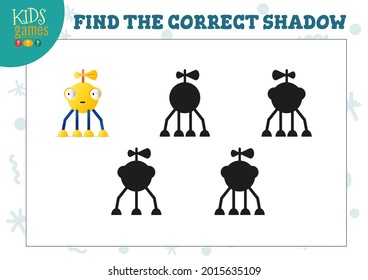 Find the correct shadow for cute cartoon robot educational preschool kids mini game. Vector illustration with 4 silhouettes for shadow matching quiz