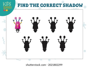 Find the correct shadow for cute cartoon robot educational preschool kids mini game. Vector illustration with 6 silhouettes for shadow matching exercise