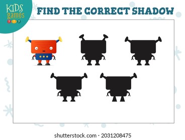 Find the correct shadow for cute cartoon robot educational preschool kids mini game. Vector illustration with 4 silhouettes for shadow matching exercise