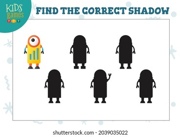 Encuentra la sombra correcta para un lindo robot de dibujos animados, un mini juego educativo para niños en edad preescolar. Ilustración vectorial con 5 siluetas para la prueba de correspondencias de sombras