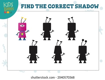 Find the correct shadow for cute cartoon robot educational preschool kids mini game. Vector illustration with 5 silhouettes for shadow matching quiz