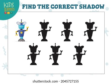 Find the correct shadow for cute cartoon robot educational preschool kids mini game. Vector illustration with 6 silhouettes for shadow matching exercise
