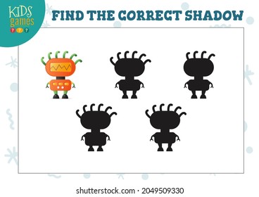 Find the correct shadow for cute cartoon robot educational preschool kids mini game. Vector illustration with 4 silhouettes for shadow matching quiz