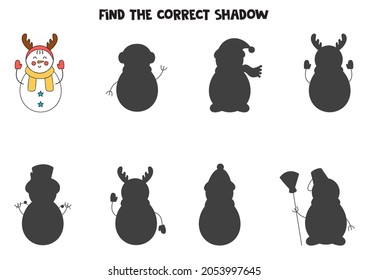 Find correct shadow of cute cartoon snowman. Educational logical game for kids.