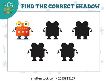 Find the correct shadow for cute cartoon robot educational preschool kids mini game. Vector illustration with 4 silhouettes for shadow matching quiz