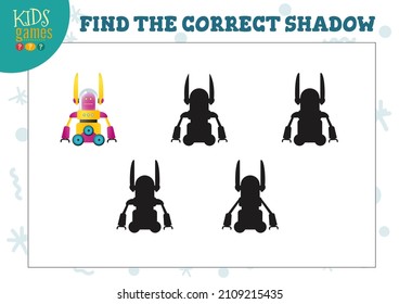 Encuentra la sombra correcta para un lindo robot de dibujos animados, un mini juego educativo para niños en edad preescolar. Ilustración vectorial con 5 siluetas para el ejercicio de correspondencias de sombras