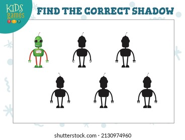 Find the correct shadow for cute cartoon humanoid robot educational preschool kids mini game. Vector illustration with 4 silhouettes for shadow matching puzzle