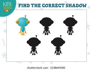 Find the correct shadow for cute cartoon robot educational preschool kids mini game. Vector illustration with 5 silhouettes for shadow matching quiz