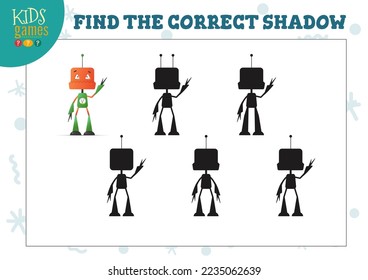 Find the correct shadow for cute cartoon robot educational preschool kids mini game. Vector illustration with 4 silhouettes for shadow matching quiz