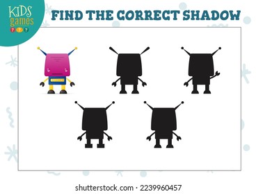 Find the correct shadow for cute cartoon robot educational preschool kids mini game. Vector illustration with 5 silhouettes for shadow matching exercise