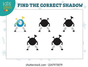Find the correct shadow for cute cartoon robot educational preschool kids mini game. Vector illustration with 4 silhouettes for shadow matching quiz