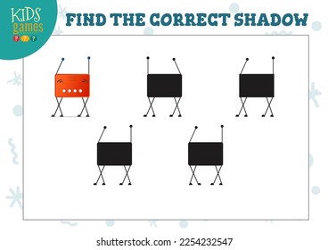 Find the correct shadow for cute cartoon robot educational preschool kids mini game. Vector illustration with 5 silhouettes for shadow matching quiz