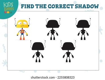 Find the correct shadow for cute cartoon robot educational preschool kids mini game. Vector illustration with 4 silhouettes for shadow matching exercise