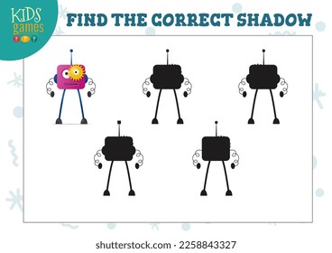 Find the correct shadow for cute cartoon robot educational preschool kids mini game. Vector illustration with 6 silhouettes for shadow matching exercise