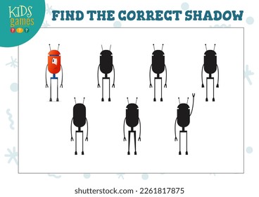 Encuentra la sombra correcta para un lindo robot de dibujos animados, un mini juego educativo para niños en edad preescolar. Ilustración vectorial con 6 siluetas para el ejercicio de correspondencias de sombras