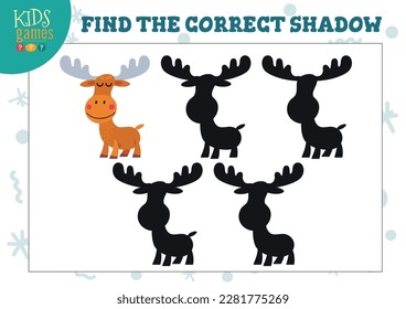 Find the correct shadow for cute cartoon elk educational preschool kids mini game. Vector illustration with 4 silhouettes for shadow matching exercise