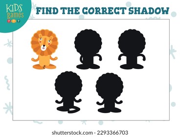 Find the correct shadow for cute cartoon lion educational preschool kids mini game. Vector illustration with 4 silhouettes for shadow matching exercise