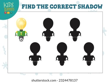 Find the correct shadow for cute cartoon robot educational preschool kids mini game. Vector illustration with 5 silhouettes for shadow matching quiz