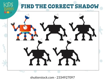 Encuentra la sombra correcta para un lindo robot de dibujos animados, un mini juego educativo para niños en edad preescolar. Ilustración de vectores con 4 siluetas para la prueba de correspondencias de sombras