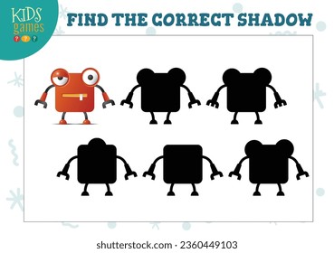 Find the correct shadow for cute cartoon humanoid robot educational preschool kids mini game. Vector illustration with 4 silhouettes for shadow matching puzzle