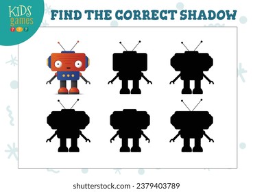 Find the correct shadow for cute cartoon robot educational preschool kids mini game. Vector illustration with 5 silhouettes for shadow matching quiz