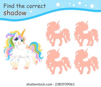 Find the correct shadow. Cute cartoon long mane unicorn. Educational matching game for children with cartoon character. Activity, logic game, learning card with task for kids, vector illustration