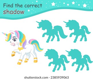 Find the correct shadow. Cute cartoon royal unicorn. Educational matching game for children with cartoon character. Activity, logic game, learning card with task for kids, vector illustration