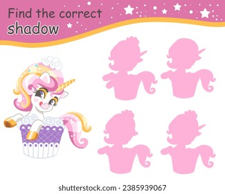 Find the correct shadow. Cute cartoon sweet unicorn. Educational matching game for children with cartoon character. Activity, logic game, learning card with task for kids, vector illustration