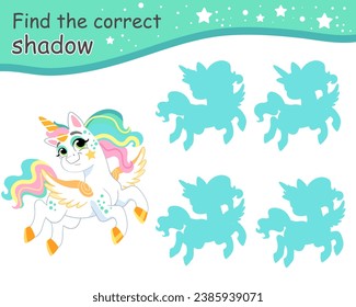 Find the correct shadow. Cute cartoon playful unicorn. Educational matching game for children with cartoon character. Activity, logic game, learning card with task for kids, vector illustration
