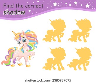 Find the correct shadow. Cute cartoon long rainbow mane unicorn. Educational matching game for children with cartoon character. Activity, logic game, learning card, task for kids, vector illustration