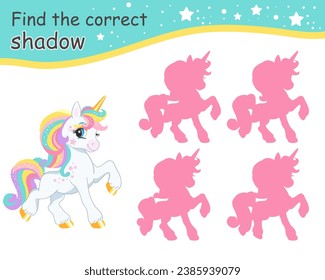 Find the correct shadow. Cute cartoon long mane white unicorn. Educational matching game for children with cartoon character. Activity, logic game, learning card with, for kids, vector illustration