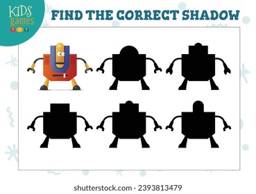 Encuentra la sombra correcta para un lindo robot de dibujos animados, un mini juego educativo para niños en edad preescolar. Ilustración vectorial con 5 siluetas para la prueba de correspondencias de sombras