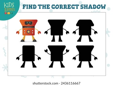 Find the correct shadow for cute cartoon robot educational preschool kids mini game. Vector illustration with 5 silhouettes for shadow matching quiz