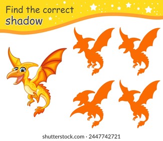 Find correct shadow. Cute cartoon pterodactyl dinosaur. Educational matching game for children with cartoon character. Activity, logic game, learning card with task for kids, vector illustration