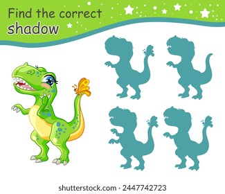 Find correct shadow. Cute cartoon Tyrannosaurus rex dinosaur. Educational matching game for children with cartoon character. Activity, logic game, learning card for kids, vector illustration