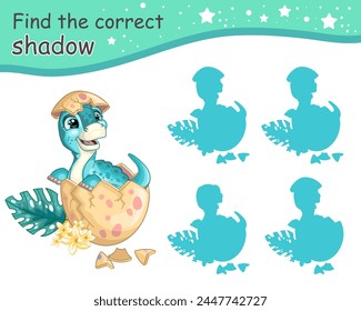 Find correct shadow. Cute cartoon baby brontosaurus dinosaur. Educational matching game for children with cartoon character. Activity, logic game, learning card with task for kids, vector illustration