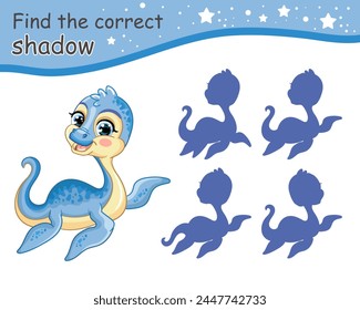 Find correct shadow. Cute cartoon baby plesiosaurus dinosaur. Educational matching game for children with cartoon character. Activity, logic game, learning card for kids, vector illustration