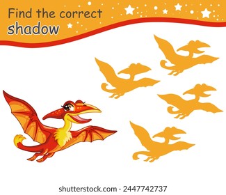 Find correct shadow. Cute cartoon flying pterodactyl dinosaur. Educational matching game for children with cartoon character. Activity, logic game, learning card for kids, vector illustration