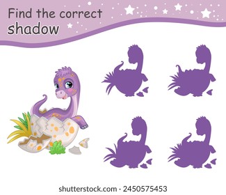 Find correct shadow. Cute cartoon baby brontosaurus dinosaur. Educational matching game for children with cartoon character. Activity, logic game, learning card with task for kids, vector illustration