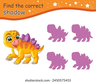 Find correct shadow. Cute cartoon Stegosaurus dinosaur. Educational matching game for children with cartoon character. Activity, logic game, learning card with task for kids, vector illustration svg